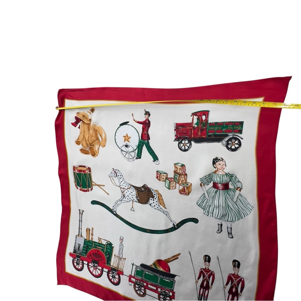 Vintage Echo Silk Scarf Christmas Toys Train Teddy Bear Rocking Horse Red Border - Picture 10 of 13